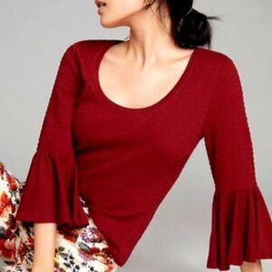 Anthropologie Smocked Bell-Sleeve Top Shirt Blouse Wine Red Burgundy Medium